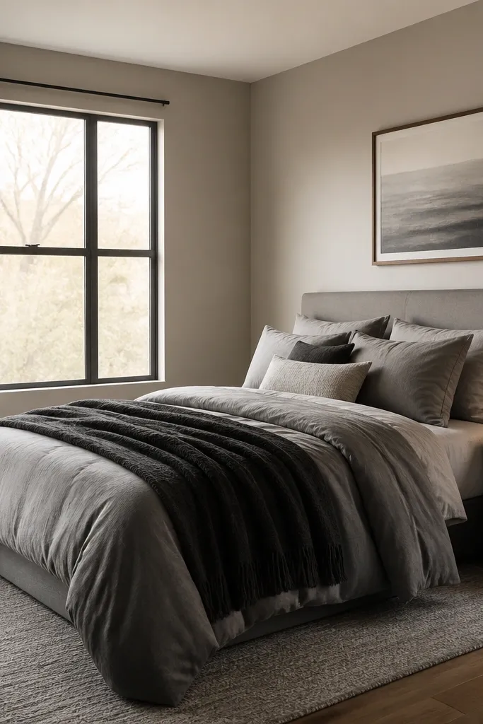A small bedroom with gray duvet in multiple shades, including a charcoal throw and light gray pillows. The walls are warm gray-white, a textured rug sits under the bed, and a warm lamp glows on a nightstand.