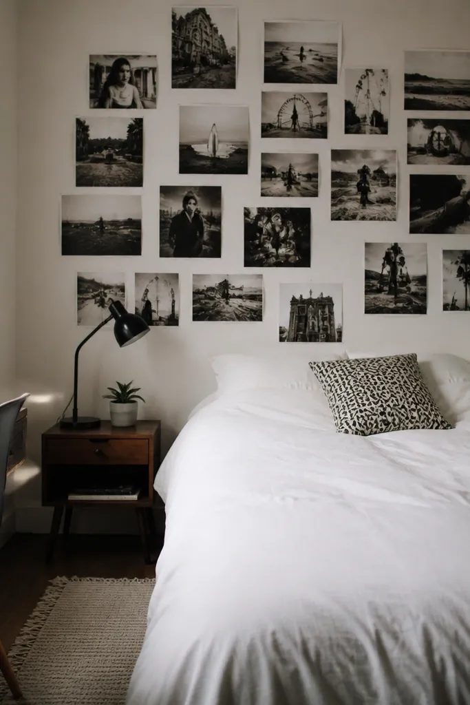 A compact bedroom with a black-and-white photo collage wall above the bed. One corner has a small pinboard in bright coral or teal with push pins. The bed has a simple white duvet and one patterned pillow.