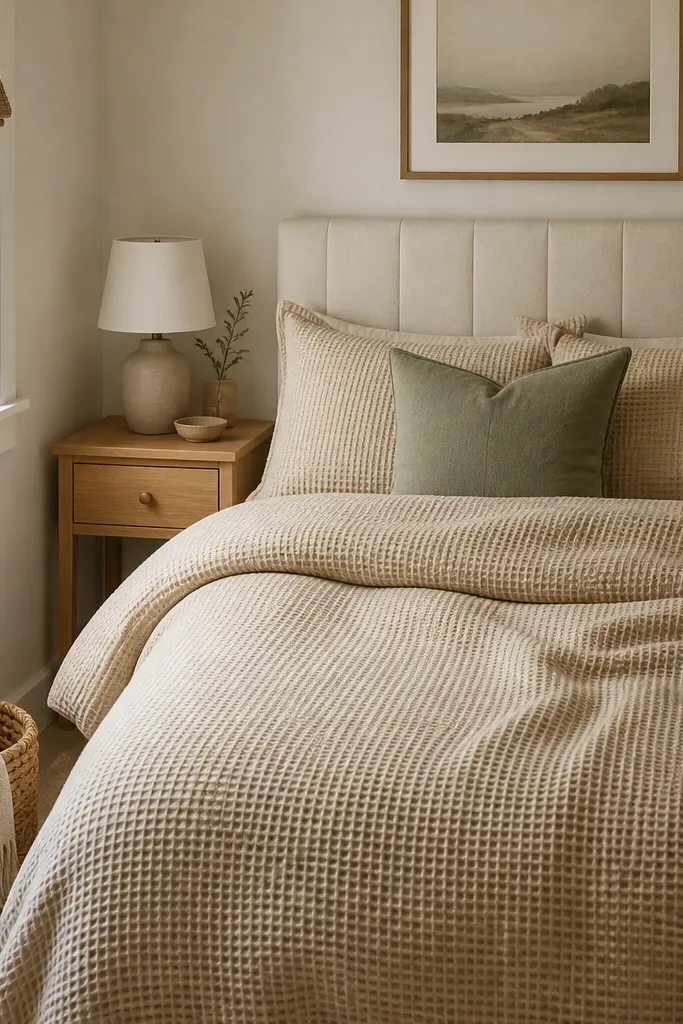 A very small bedroom with a beige waffle knit duvet cover and matching pillowcases. One sage green accent pillow sits against a cream headboard. A small woven basket and a light wood nightstand are visible.