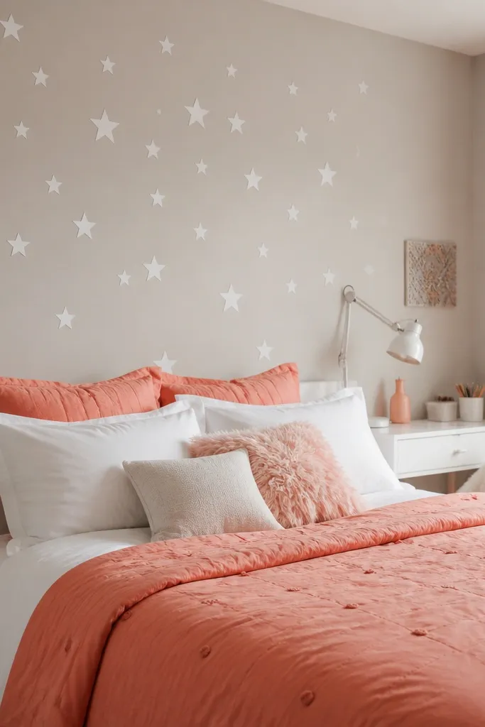A teen bedroom with a coral bedspread and white pillows. Above the bed, white star decals are scattered on a neutral wall. A small white desk lamp and a peach curtain tie are visible.