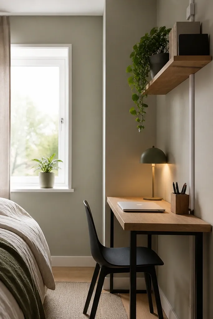A small bedroom with a narrow desk by the wall. Cables are routed in a vertical channel behind the desk, and a small organizer holds pens. Above the desk is a wall shelf with a plant and books.