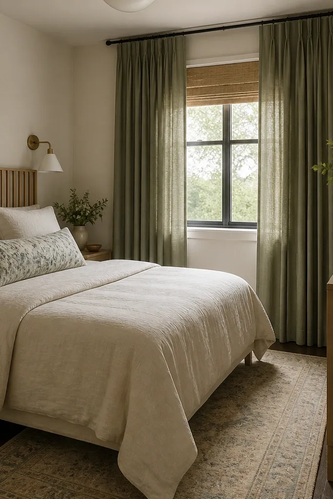 A tiny bedroom with a slat-style headboard behind the bed. Sage curtains hang from a ceiling-high rod. The bed has cream bedding with a patterned throw pillow and a small rug with muted tones.