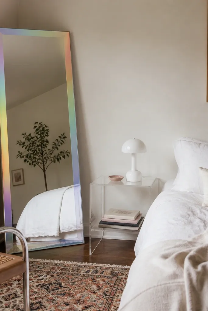 A small bedroom with a tall mirror leaning against the wall. The mirror has a subtle rainbow edge. Next to the bed is a clear acrylic nightstand holding a small lamp and a stack of books.