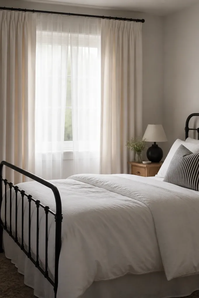 A small bedroom with a black metal bed frame. The window has white sheer curtains layered under heavier off-white panels. The bed has white bedding and a black-and-white striped throw pillow.