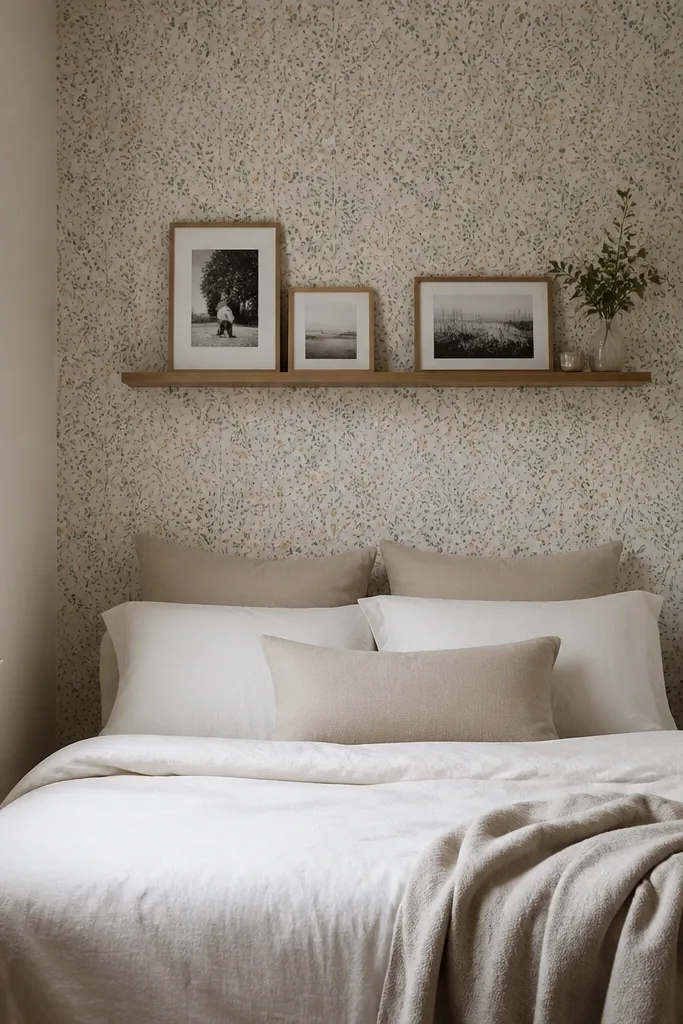 A tiny bedroom with the wall behind the bed covered in a small-scale removable wallpaper pattern. The bed has neutral bedding, and a narrow shelf holds a few framed photos.