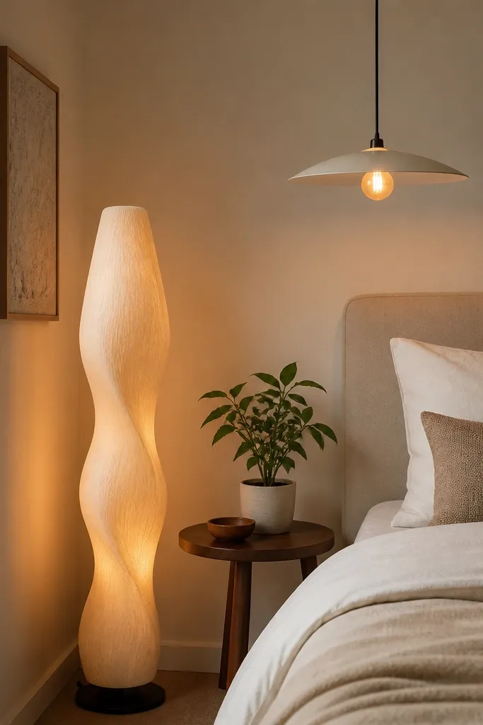 A tiny bedroom corner with a sculptural floor lamp near the bed and a pendant-style ceiling light with warm bulb. The bed has neutral bedding, and a small side table holds a plant.