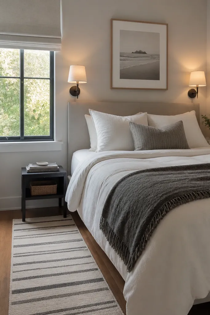 A small teen bedroom with a narrow striped rug runner along the side of the bed. Two simple wall sconces flank the bed area. The bed has white bedding with a gray throw and a small framed print.