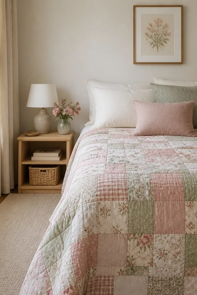 A compact bedroom with a pastel patchwork quilt on the bed. The walls are neutral cream. There's a small bedside shelf and a soft neutral rug with low pile.