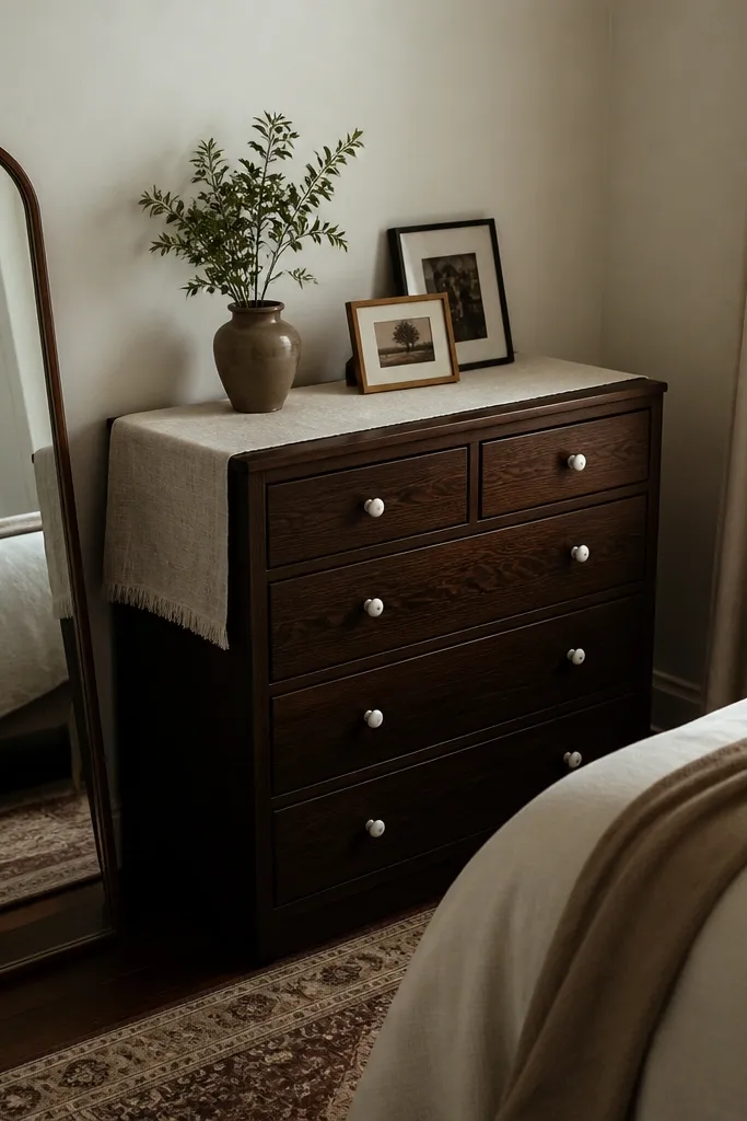 A tiny bedroom with a dark walnut dresser. The dresser has white knobs and a linen table runner on top. A small mirror leans beside the dresser, and a couple of framed photos sit neatly.