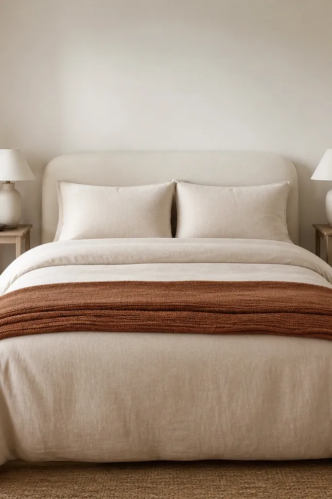A small bedroom photo showing a queen bed with a cream duvet cover, a clay-colored throw blanket folded at the foot, and two matching pillow shams. The wall behind the bed is painted a warm off-white. A slim 12-inch nightstand sits on each side with a cream table lamp and a small ceramic tray.