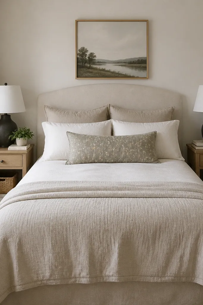 A photo of two narrow 12-inch nightstands flanking a bed in a small bedroom. Each nightstand has one drawer and an open shelf below. A single lamp sits on top of each, with a stack of books and a small plant.