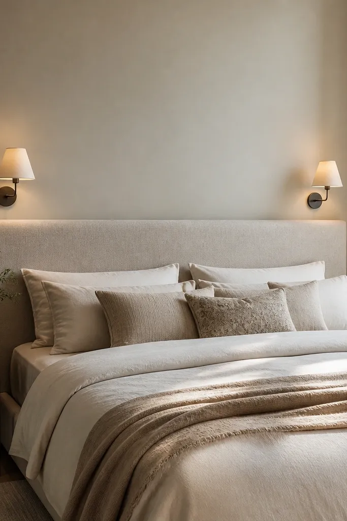 A couple's bed against a wall with a padded fabric headboard upholstered in light beige. The headboard reaches just around eye level when seated. Two matching wall sconces glow warm light above the pillows.
