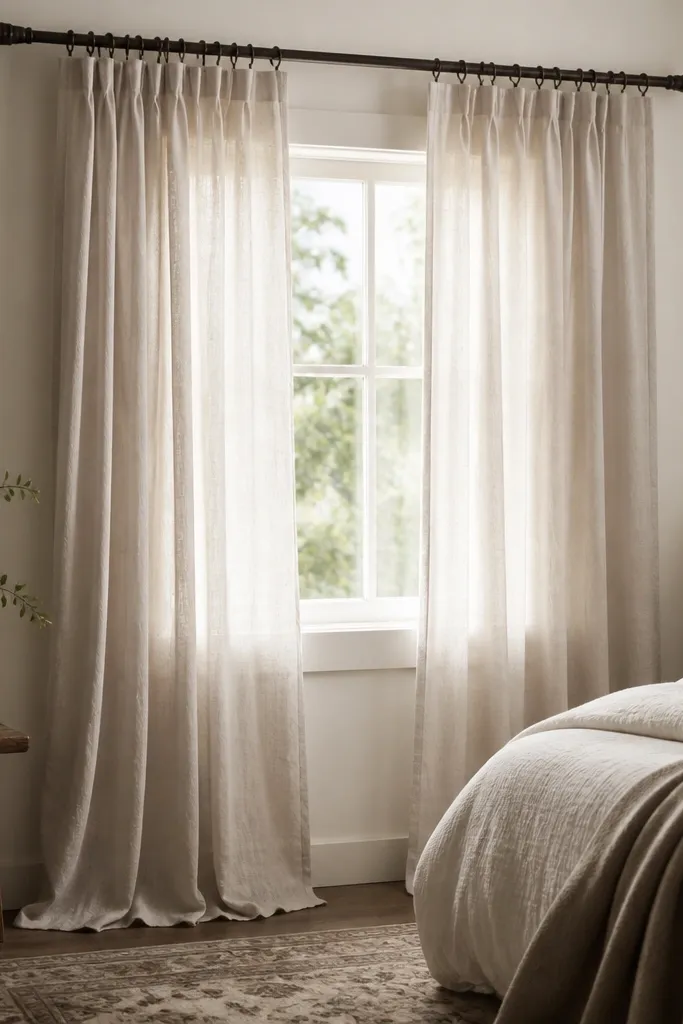 A small bedroom window with a curtain rod mounted near the ceiling. Light linen-blend curtains hang in soft folds, pooling slightly at the bottom. The rod extends past the window frame by several inches on each side.