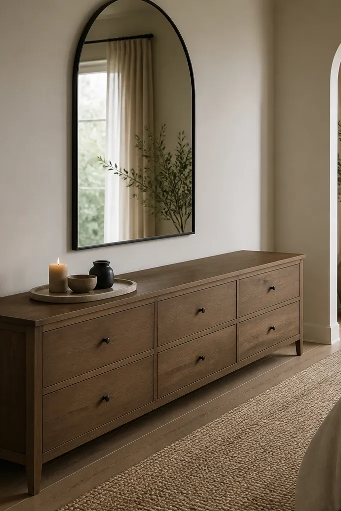 A long, narrow dresser against one wall with a large arched mirror centered above it. On top sits a tray with a candle and two small items, with no extra wall art nearby.