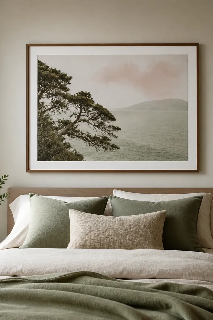 A small bedroom wall with one large framed art piece centered above the bed. The frame is matte black or warm wood, and the print uses muted tones like sage, sand, and a faint blush wash.