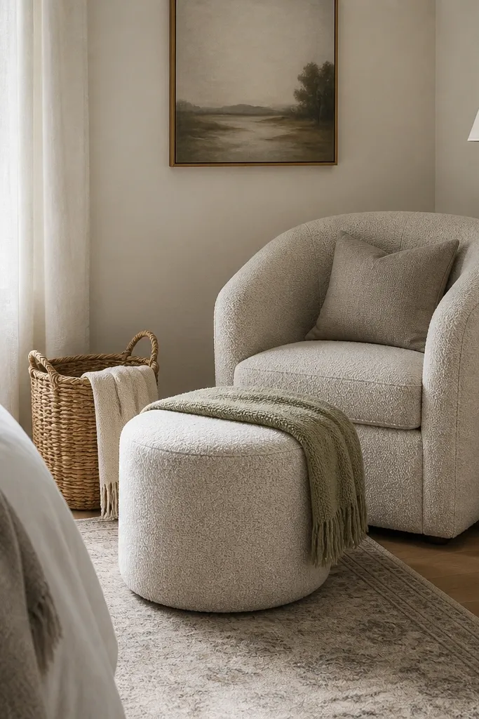 A small bedroom corner with a compact chair in a textured neutral fabric and a 20-inch ottoman in front. A small floor lamp stands beside the chair, and a woven basket sits behind the ottoman.