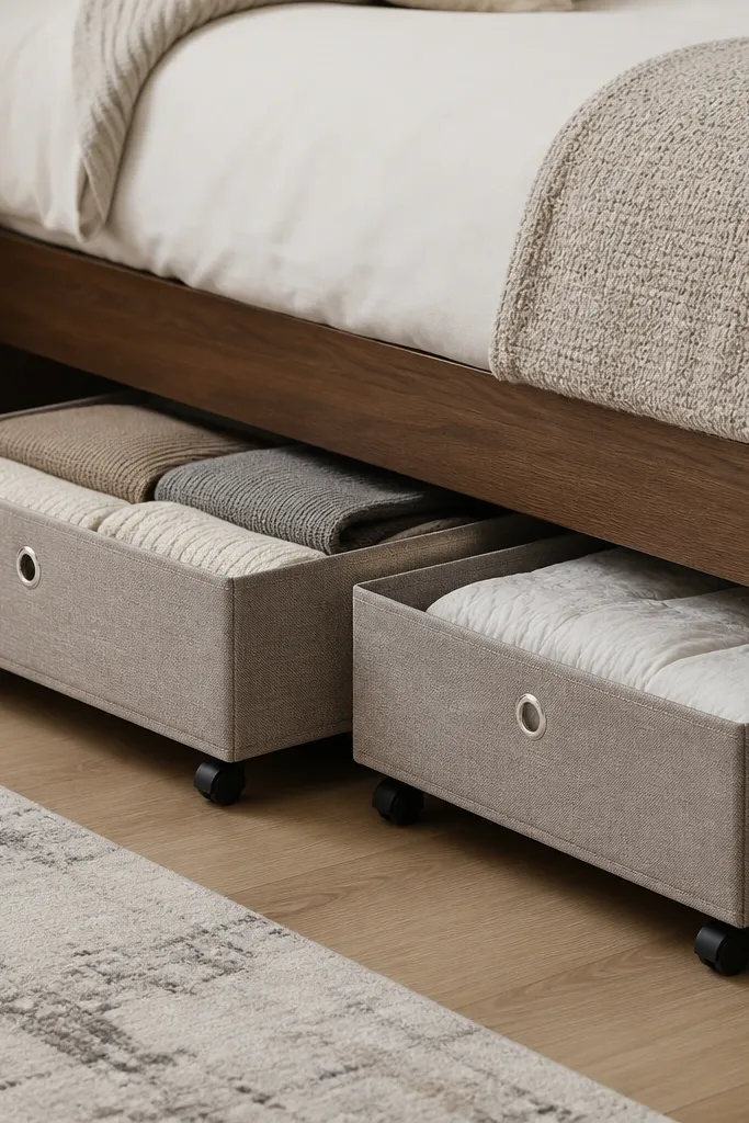 A close view of rolling under-bed bins in a small bedroom. One bin is taller with folded sweaters, and another shorter bin holds extra bedding. The bins slide on wheels under a bed with a low frame.