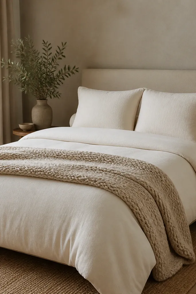 A bed styled with a solid cream duvet, a single textured throw in chunky knit, and two pillow shams in matching tones. A rolled blanket is tucked near the headboard for a clean look.