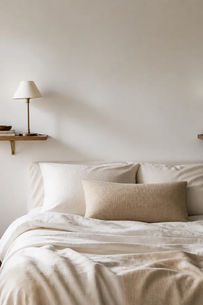 Two small wall-mounted shelves above the bed, each holding one lamp, a book stack, and a small tray. The shelves are in warm wood with a thin bracket, and the wall paint is a soft white.