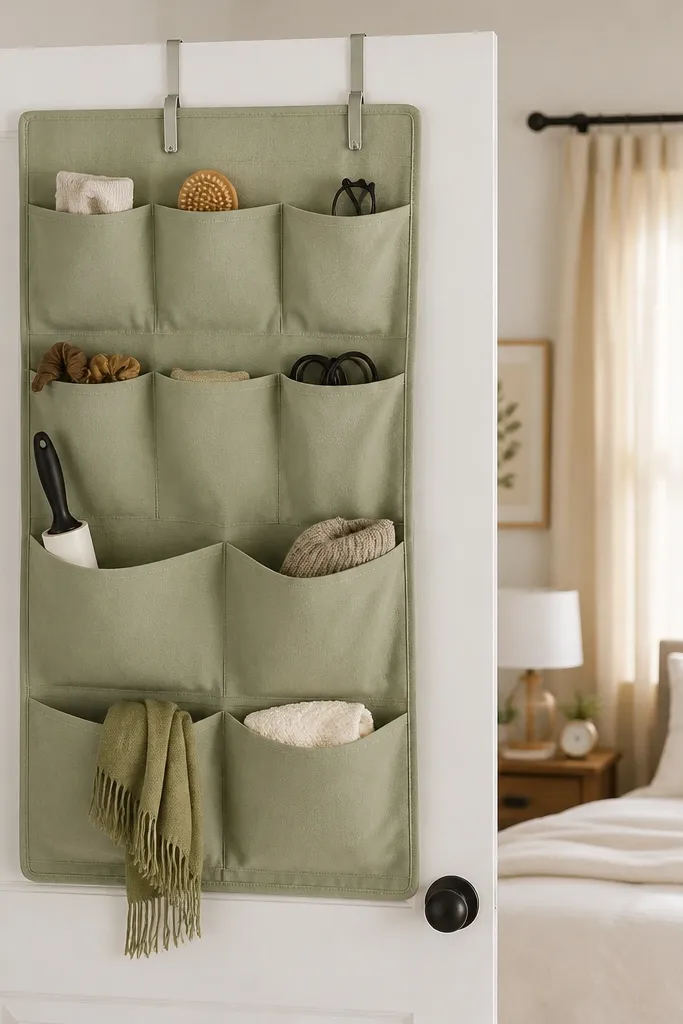 An over-the-door organizer hung on the inside of a bedroom door. It's in a soft sage fabric with multiple pockets. Small items like a lint roller, hair ties, and a folded scarf sit in the pockets.