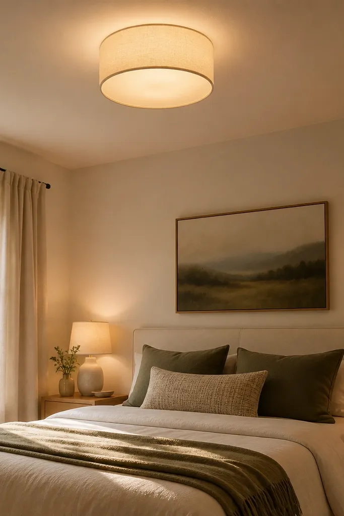 A small bedroom ceiling with a flush mount light covered by a warm fabric shade diffuser. The light spreads softly across the ceiling and walls. Two small lamps sit on nightstands below.