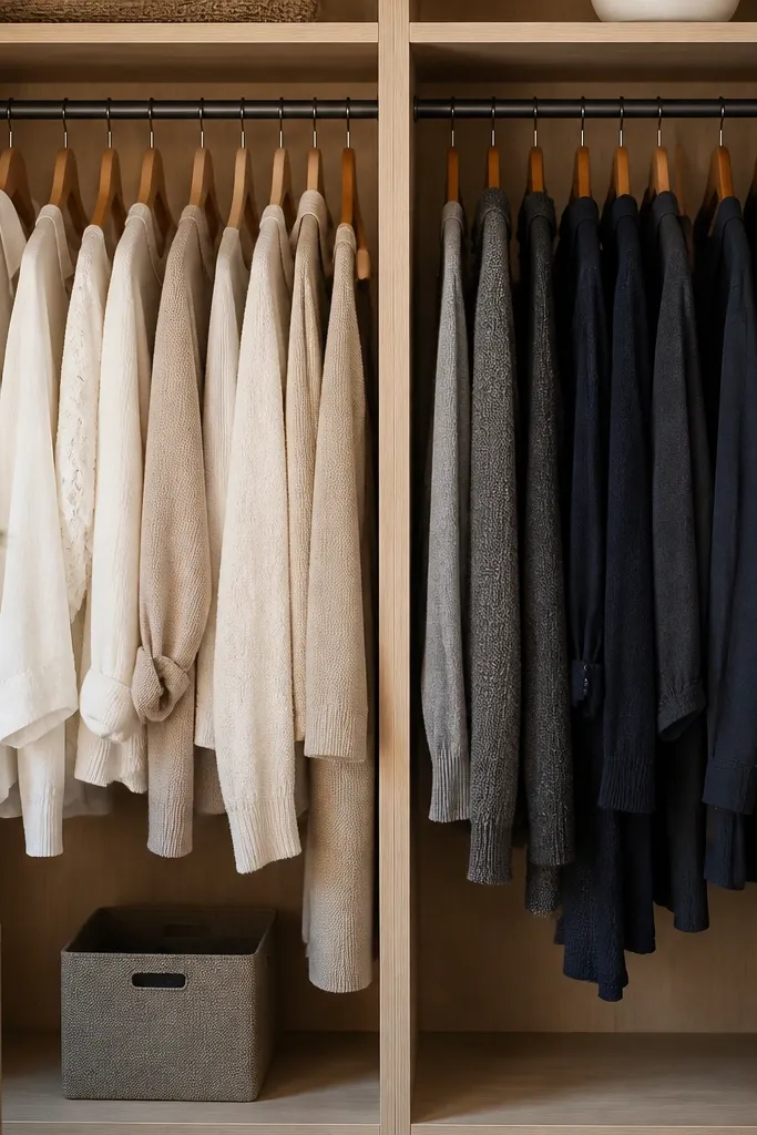 A closet interior photo with neatly hung clothes on matching hangers. Two color groups are separated by a shelf divider: neutrals on one side and darker colors on the other. A small bin sits on the bottom shelf.