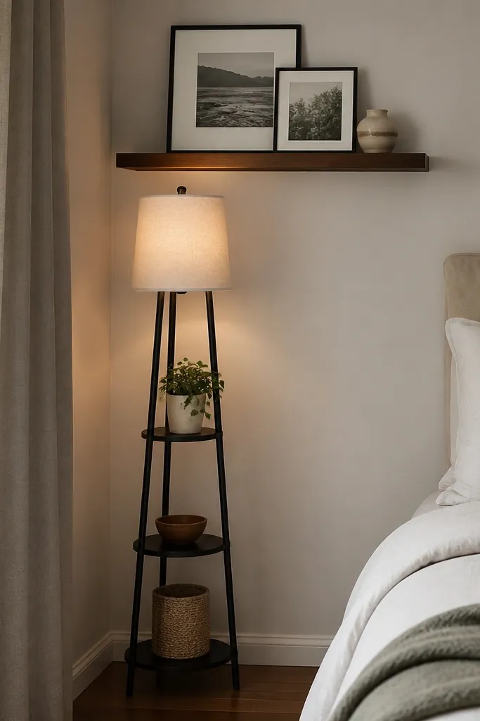A small bedroom corner with a floating shelf above a narrow ladder-style floor lamp. The shelf holds two framed photos and a small ceramic object. The ladder lamp is in black with a light fabric shade.