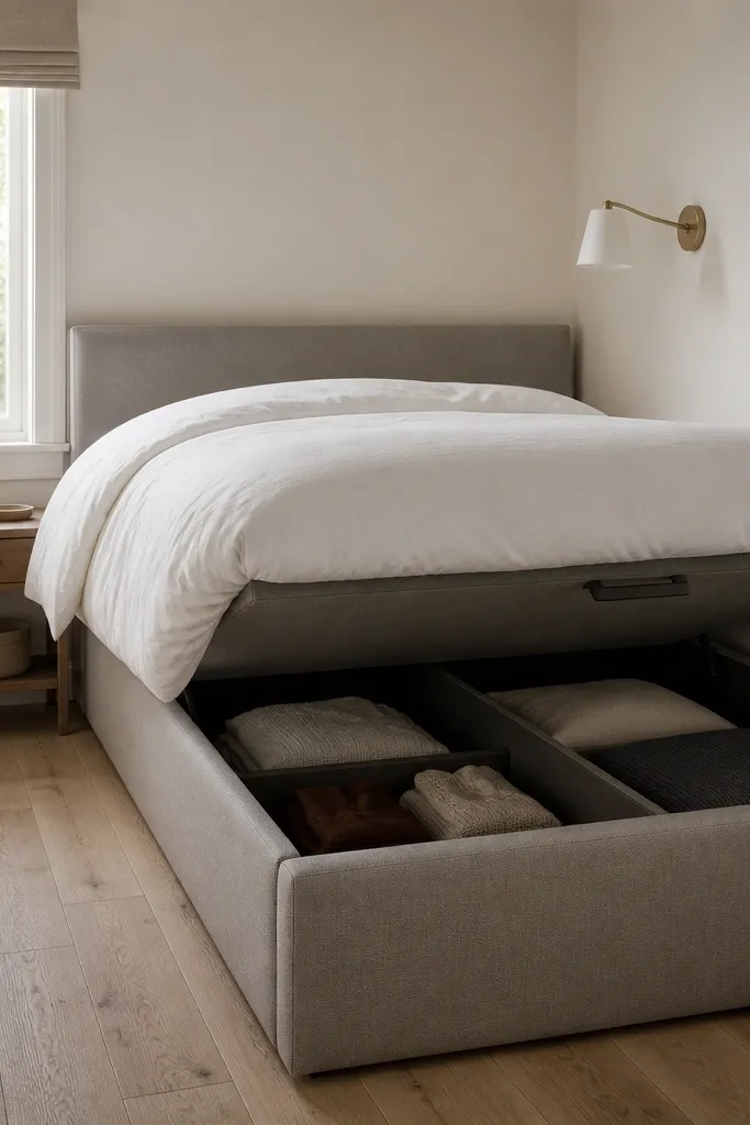 A compact very small bedroom with a lift-top bed in linen-gray fabric. The bed has two large hidden compartments under the top panel. A white duvet and a small bedside table sit on one side; the other side has a wall sconce. The walls are soft warm white, and the floor is light oak.