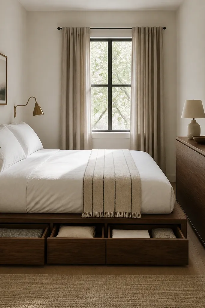 A tiny bedroom with a low platform bed in warm walnut tone. Multiple drawers slide out from the bed base. The bedding is crisp white with a thin stripe throw. There's a narrow dresser at the foot with a mirror above it.