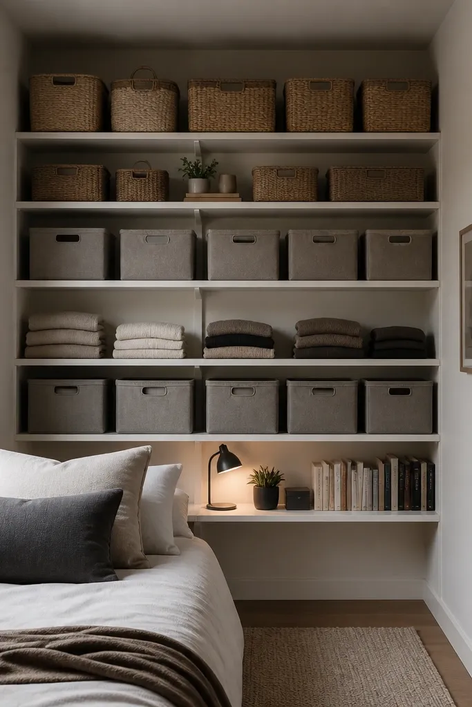 A very small bedroom with a full wall of open shelves reaching near the ceiling. Top shelves hold woven bins, middle shelves hold neatly folded items in fabric boxes, and bottom shelves have a few books. A small desk lamp sits on a lower shelf.