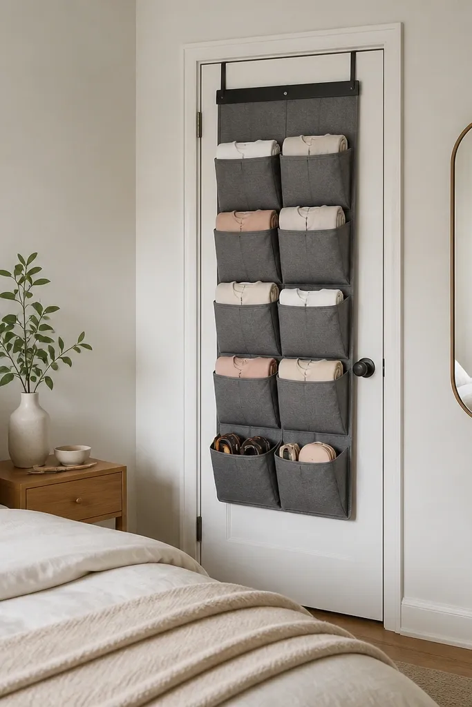 A small bedroom door with an over-door organizer that has a sleek top bar and fabric pockets. The pockets hold folded tees and small accessories. The rest of the door area is clean, and a small mirror hangs nearby.