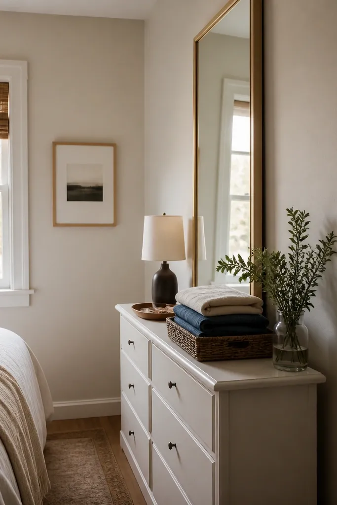 A very small bedroom with a narrow dresser (about 12 inches deep) painted soft white. A tall full-length mirror sits above it. The dresser has a small tray, a lamp, and two folded stacks of clothing in a basket.