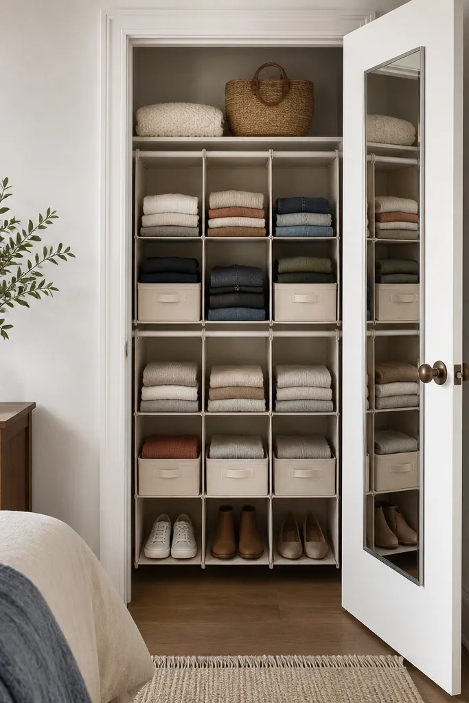 A small bedroom closet alcove with tension rods across the width. Fabric dividers create cubbies. Folded clothes sit in uniform bins, and a full-length mirror is on the inside of the closet door.