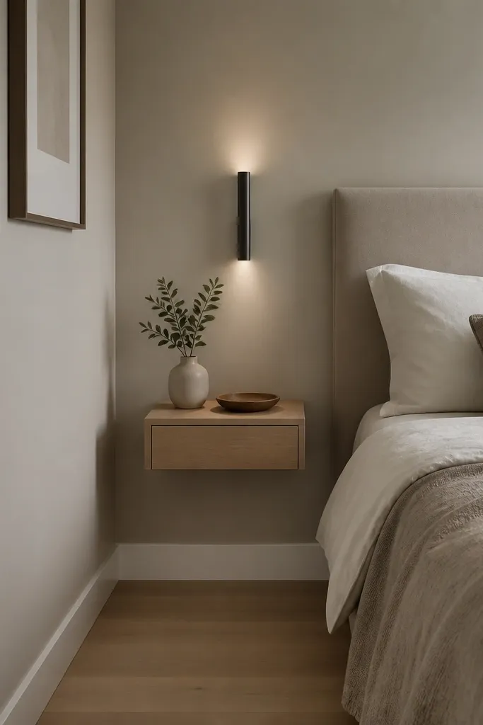A tiny bedroom with a wall-mounted floating nightstand that has a small drawer and a cable slot near the back. A slim wall sconce provides light. The bed has a simple headboard, and the floor is clear.