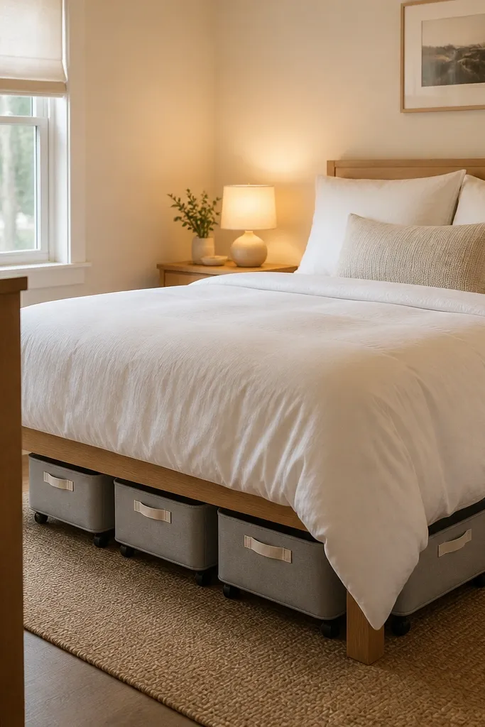 A compact bedroom with a bed frame that has a small gap underneath. Several low rolling bins in matching light gray slide under the bed. The bins are labeled with simple fabric tags. The bedding is white and the room has warm lighting.