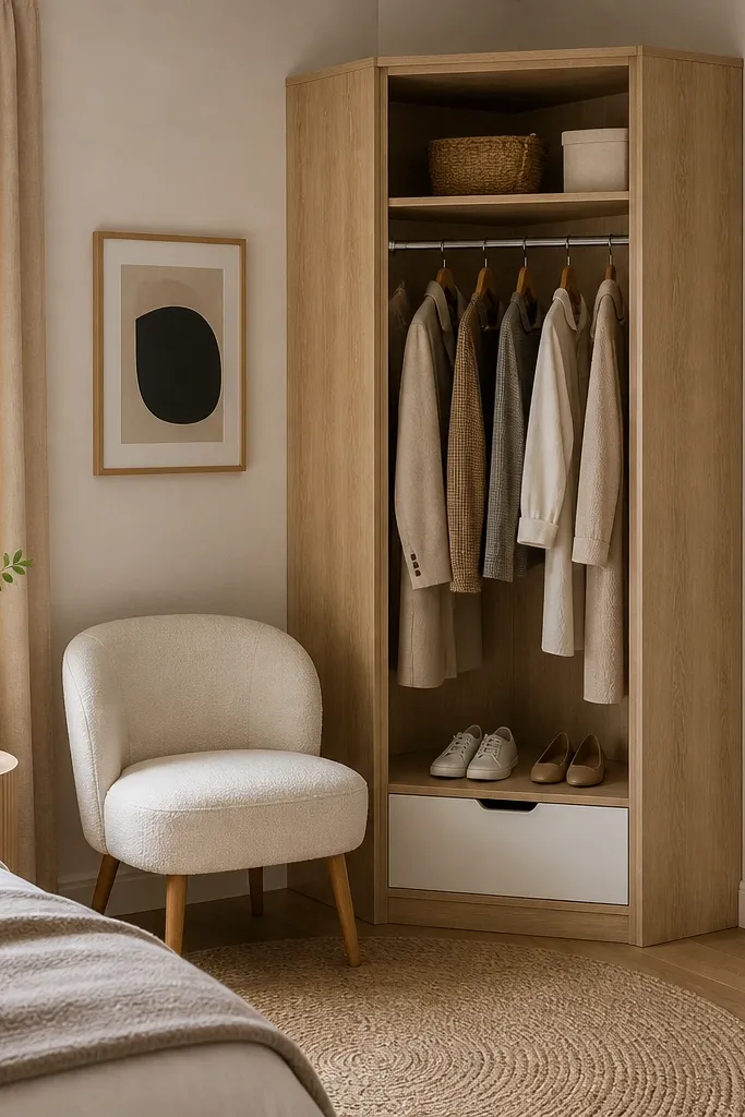A tiny bedroom corner has a corner wardrobe unit with a hanging rail and a small shoe drawer at the bottom. The unit is light oak with a white drawer front. A small rug anchors the seating area.