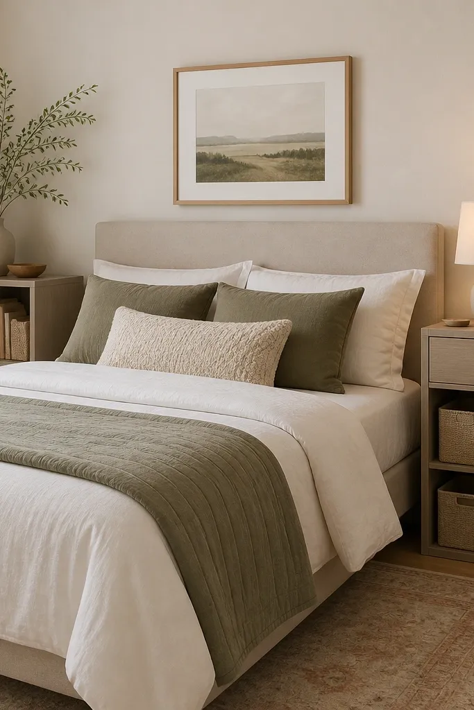 Two small cubby units flank the bed, each with open compartments. Fabric baskets sit inside the cubbies, and one side has a single drawer. A warm lamp is placed on the right cubby top.