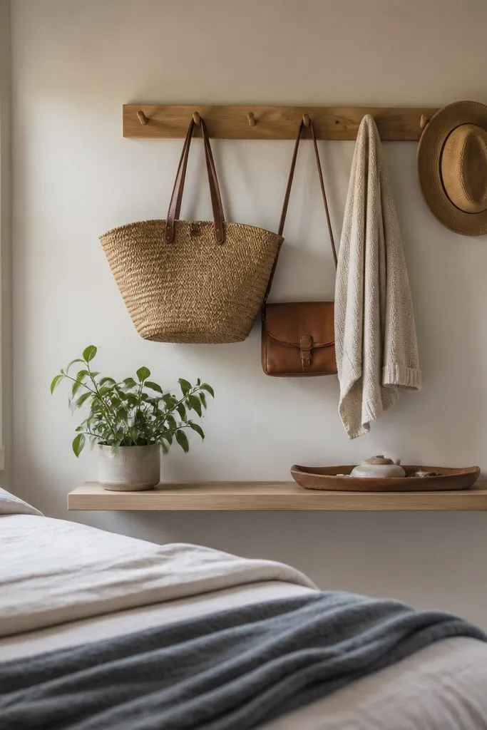 A small bedroom wall has a peg rail with multiple hooks. Bags, a hat, and a light cardigan hang neatly. Below the rail, there's a narrow shelf with a small plant and a tray.