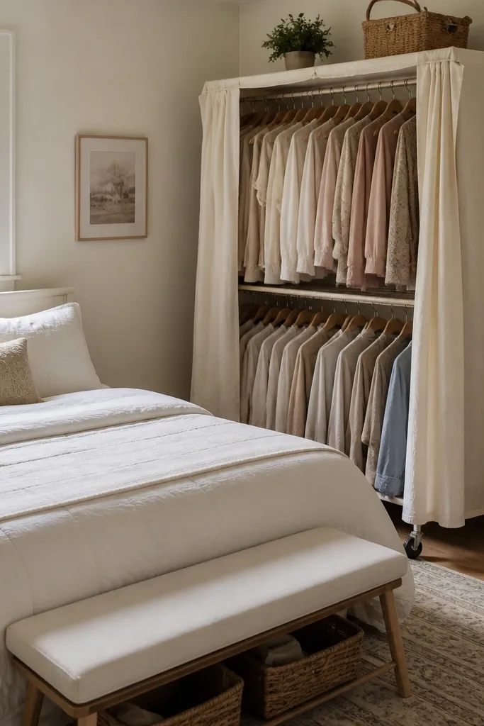 A very small bedroom has a rolling clothing rack with two tiers. It's covered with a light fabric curtain panel, so it looks soft rather than industrial. Dresses and shirts hang neatly, and a small bench sits at the foot of the bed.