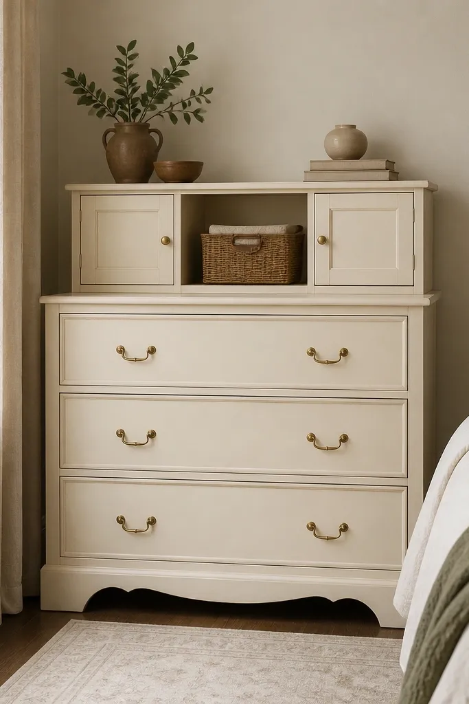 A compact bedroom has a dresser with a small hutch-like top section and drawer fronts. The top has two closed cabinets and one open cubby with a basket. The dresser is a warm painted cream with brass handles.