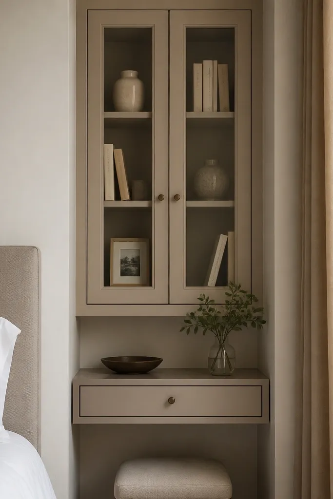 A tiny bedroom wall has two narrow cabinets with glass fronts. Shelves inside hold a few books, a small photo frame, and a ceramic vase. Below the cabinets, there's a slim console with a drawer.