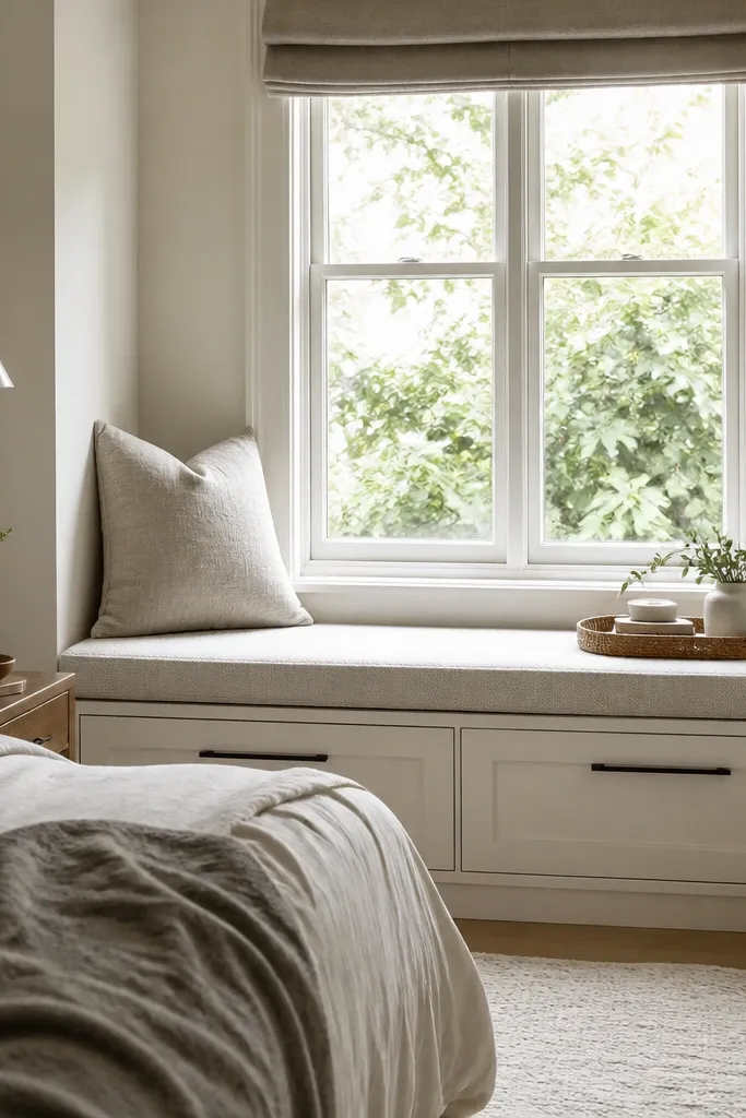 A small bedroom has a bench built under the window with hinged or drawer storage underneath. A cushion sits on top in a textured neutral fabric. A small tray and a reading lamp sit beside the bench.