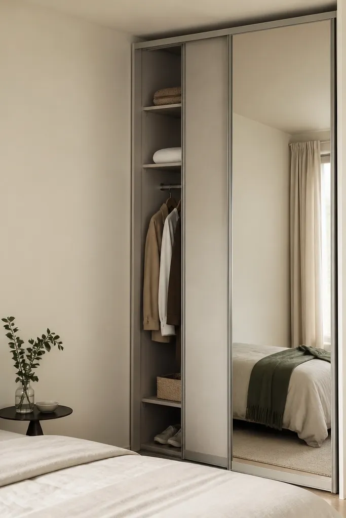 A tight corner shows a tall narrow wardrobe with sliding doors. Inside, shelves and a hanging section are visible through a mirror panel on one side. The doors glide smoothly and the room has a simple bed and minimal decor.