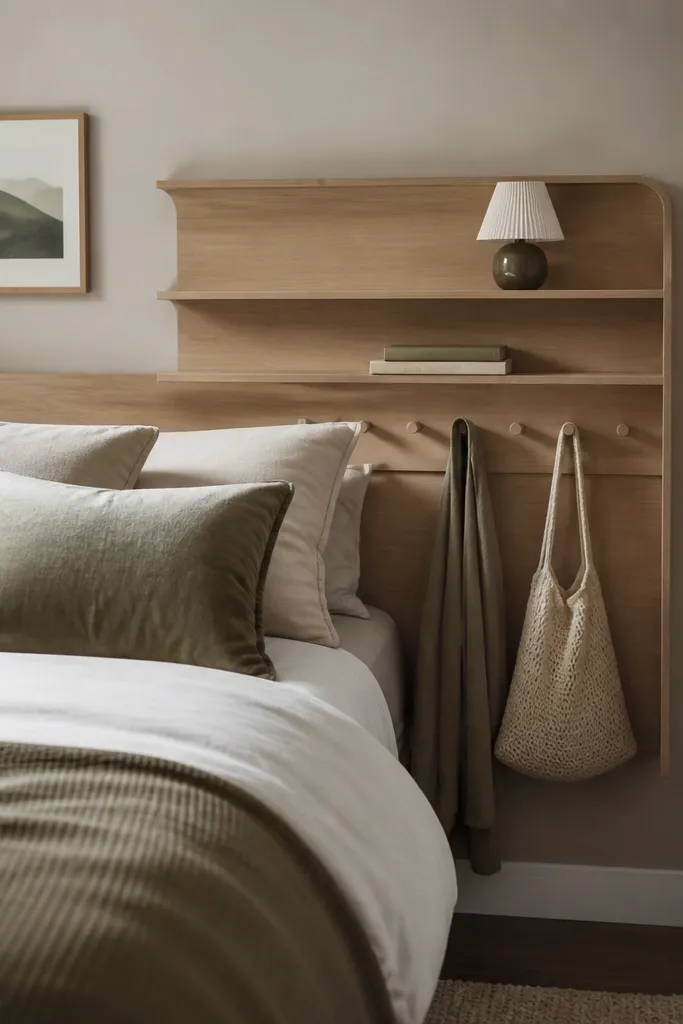 A small bedroom shows a headboard with two slim shelves and a row of hooks underneath. The shelves hold a book and a small lamp. A robe and a bag hang from the hooks.