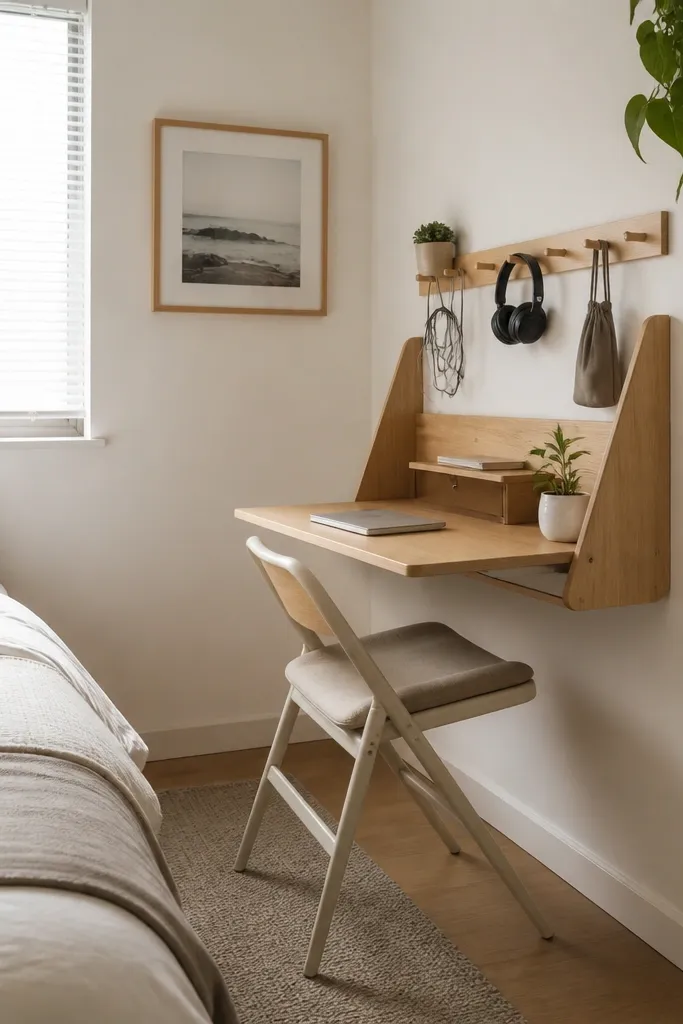 A very small bedroom has a wall-mounted desk folded down when not in use. There's a small drawer on the desk and a peg rail above for cords and accessories. A chair tucks under the desk.