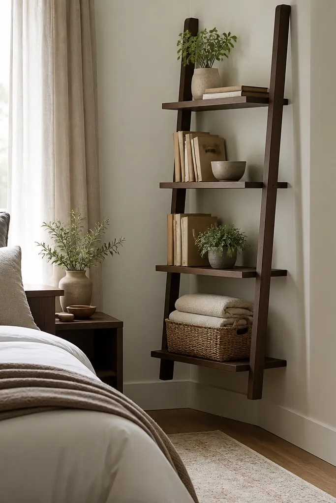A tiny bedroom corner has a floating ladder-style shelf. The shelves are narrow and hold a few books, a small plant, and folded linens in a basket. The bed is nearby with a clear walkway.