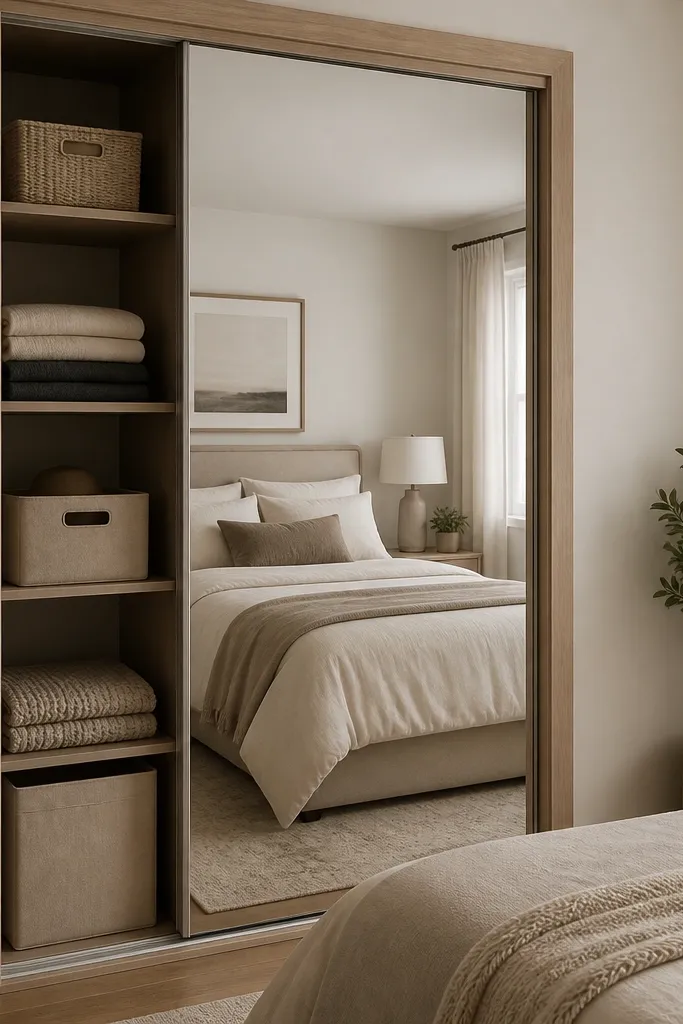 A small bedroom closet has a mirrored door panel. The interior shelves are visible with folded items in neutral bins. Across from the door, the bed is reflected, adding depth to the room.