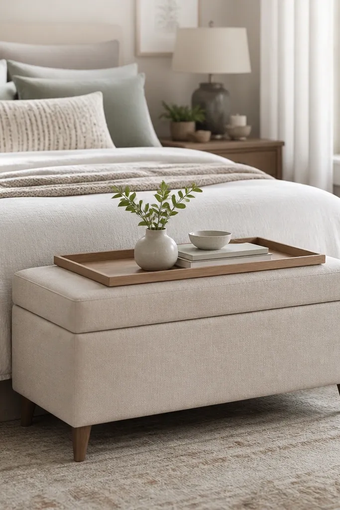 A small bedroom has a fabric storage stool at the foot of the bed. The stool lid lifts up for storage, and a removable tray sits on top. The stool is in a neutral beige with tapered legs.