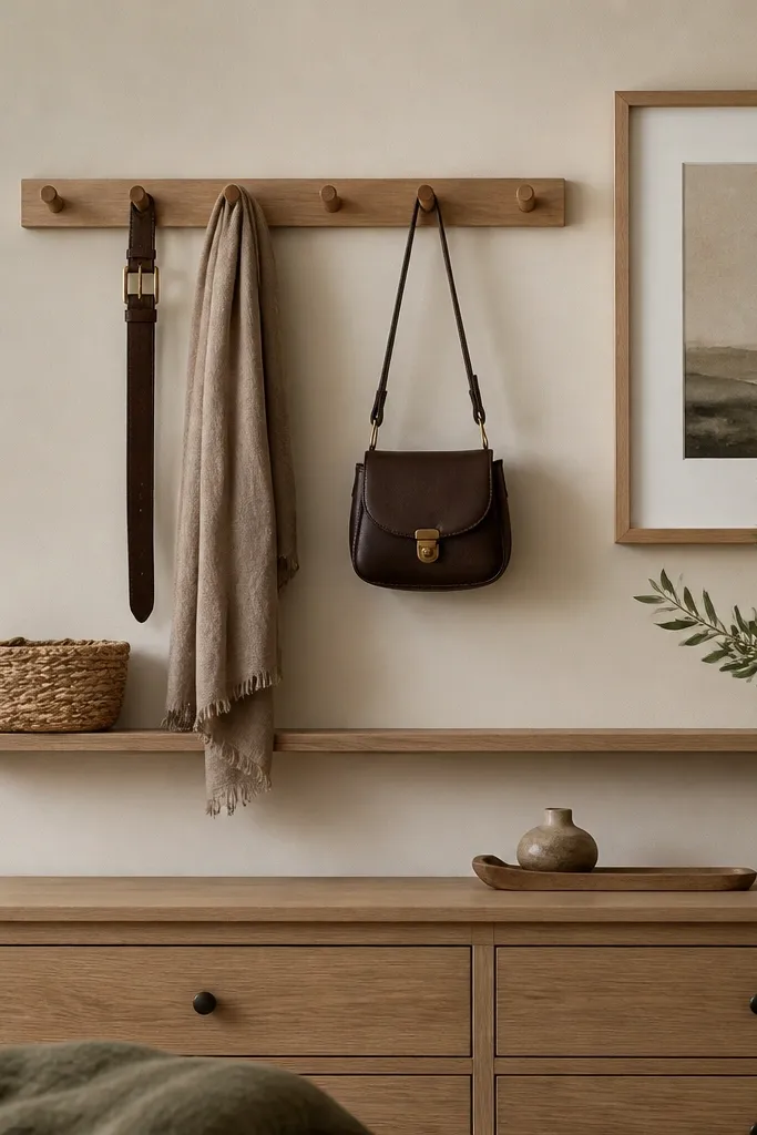 A dresser wall has a narrow ledge shelf with a small basket and a peg rail mounted above it. Hooks hold a belt, a scarf, and a small bag. A framed print balances the layout.