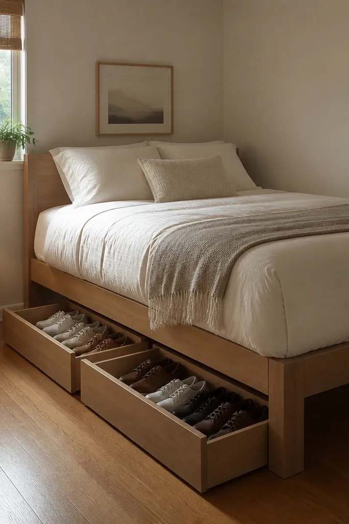 A small bedroom has a bed raised slightly higher. Two under-bed pull-out drawers hold shoes neatly arranged by type. The bed frame is simple and the floor is clear.